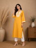Mustard Yellow Floral Embroidered Design Cotton Kurti