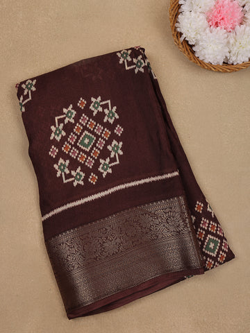 Chocolate Maroon Geometric Ikat Patterned Cotton Saree - Diadem