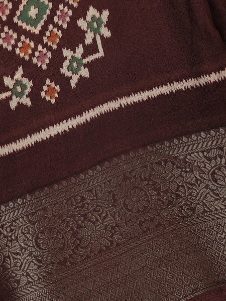 Chocolate Maroon Geometric Ikat Patterned Cotton Saree - Diadem