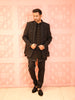 Classic Black Abstract Embroidered Design Jacquard Men's Sherwani with Matching Pant