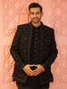 Classic Black Abstract Embroidered Design Jacquard Men's Sherwani with Matching Pant