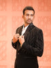 Classic Black Abstract Wavy-Line Beads Embroidered Design Velvet Men's Wedding Suit with Matching Pant