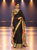 Classic Black Butta Zari Embroidered Design Pure Tussar Saree with Contrast Floral Scalloped Border