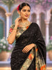 Classic Black Butta Zari Embroidered Design Pure Tussar Saree with Contrast Floral Scalloped Border