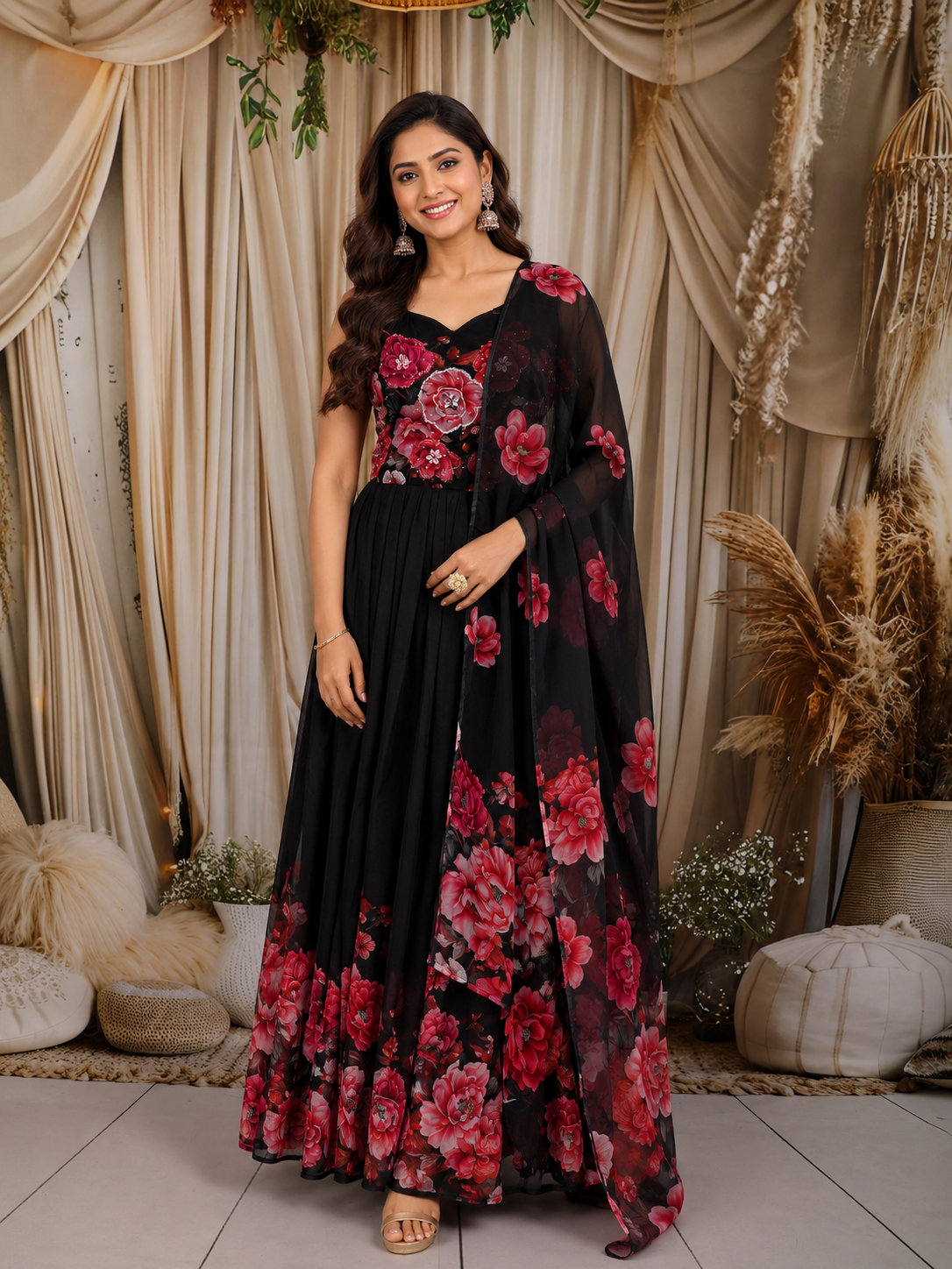 chiffon anarkali dress with dupatta Pink Pure Soft Lightweight Chiffon Bandhej Anarkali Suit Set With Huge Bahu Palace