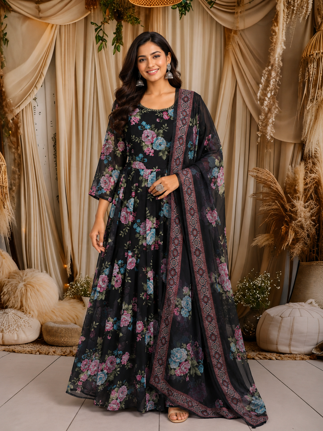 chiffon anarkali dress with dupatta Classic Black Floral Printed Design Chiffon Anarkali Gown with Dupatta