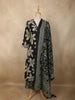 Classic Black Floral Printed Design Cotton Straight Cut Salwar Suit with Dupatta