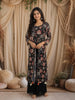 Classic Black Floral Printed Design Georgette Party Wear Palazzo Suit with Long Over Coat