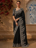Classic Black Floral Thread Embroidered Design Pure Tussar Saree with Designer Border