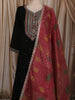 Classic Black Floral Thread Embroidered Design Semi Silk Straight Cut Salwar Suit with Contrast Dupatta