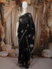 Classic Black Floral Zari Embroidered Design Pure Tussar Saree with Scalloped Border
