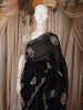 Classic Black Floral Zari Embroidered Design Pure Tussar Saree with Scalloped Border
