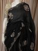 Classic Black Floral Zari Embroidered Design Pure Tussar Saree with Scalloped Border
