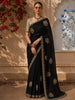 Classic Black Floral Zari Embroidered Design Pure Tussar Saree with Scalloped Border