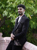 Classic Black Floral and Birds Motif Kartana Beads Embroidered Design Polynosic Wedding Men's Suit with Matching Pant