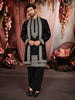 Classic Black Geometric Zari Embroidered Design Raw Silk Men's Kurta Pyjama with Matching Dupatta