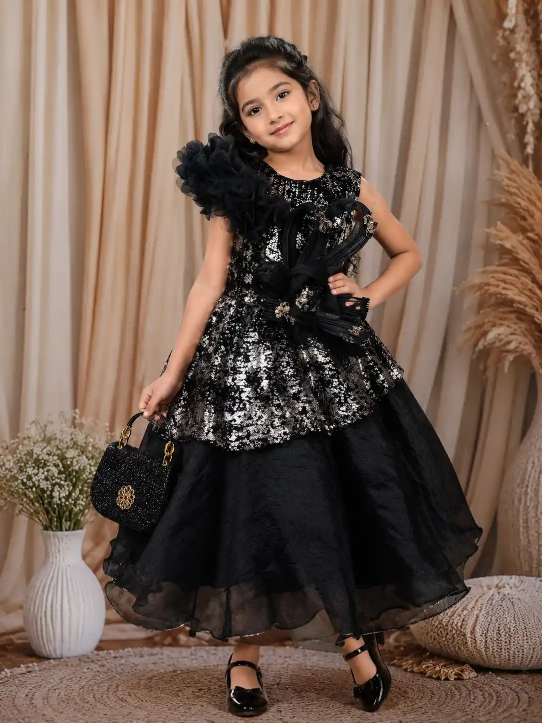 Classic Black Heavy Sequins and Glitter Embroidered Design Net Kids Gown