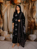 Classic Black Lotus Floral Motif Printed Design Cotton Straight Cut Salwar Suit with Matching Dupatta