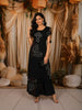 Classic Black Oversized Leaf and Circular Floral Mirror and Thread Embroidered Design Cotton Palazzo Suit