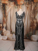 Classic Black Silver Abstract Sequins Embroidered Design Mermaid Sequins Fabric Party Wear Gown with Cape Sleeve