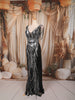 Classic Black Silver Abstract Sequins Embroidered Design Mermaid Sequins Fabric Party Wear Gown with Cape Sleeve