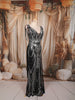 Classic Black Silver Abstract Sequins Embroidered Design Mermaid Sequins Fabric Party Wear Gown with Cape Sleeve