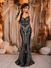 Classic Black Silver Abstract Sequins Embroidered Design Mermaid Sequins Fabric Party Wear Gown with Cape Sleeve