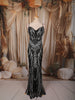 Classic Black Silver Heavy Sequins and Crystal Embroidered Design Sequins Fabric Party Wear Fish Cut Gown