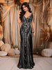 Classic Black Silver Heavy Sequins and Crystal Embroidered Design Sequins Fabric Party Wear Fish Cut Gown