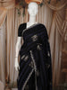 Classic Black and Blue Striped Woven Design Pure Tussar Party Wear Saree with Scalloped Border