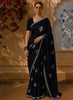 Classic Black and Blue Striped Woven Design Pure Tussar Party Wear Saree with Scalloped Border