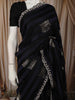 Classic Black and Blue Striped Woven Design Pure Tussar Party Wear Saree with Scalloped Border