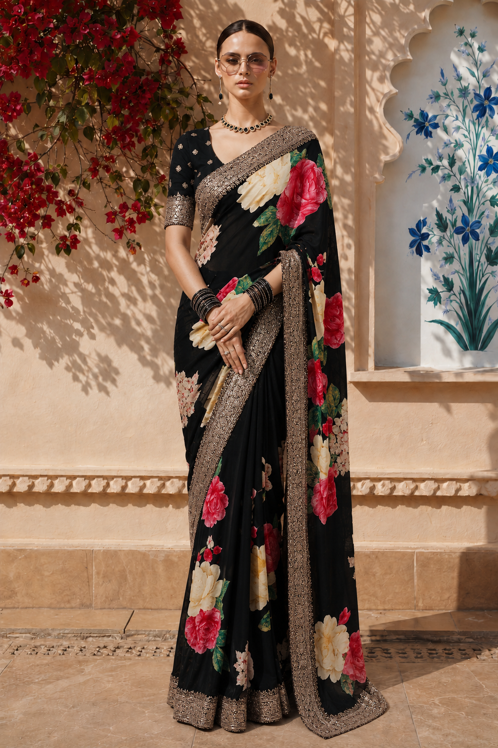 Classic Black with Multicolor Floral Printed Design Georgette Fancy Saree with Designer Border