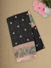 Classic Charcoal Black Dots Printed Design Linen Cotton Saree with Contrast Floral Border