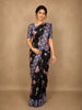 Classic Jet Black Floral Printed Design Semi Tussar Saree with Contrast Dusty Lavender  Border