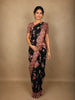 Classic Jet Black Floral Printed Design Semi Tussar Saree with Contrast Dusty Rose Border