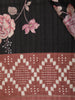 Classic Jet Black Floral Printed Design Semi Tussar Saree with Contrast Dusty Rose Border