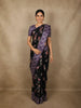 Classic Jet Black Floral Printed Design Semi Tussar Saree with Contrast Royal Plum Purple Border