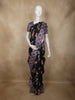 Classic Jet Black Floral Printed Design Semi Tussar Saree with Contrast Royal Plum Purple Border