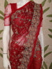 Classic Scarlet Red Floral Vine Embroidered Design Net Fancy Saree with Scalloped Border