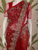 Classic Scarlet Red Floral Vine Embroidered Design Net Fancy Saree with Scalloped Border