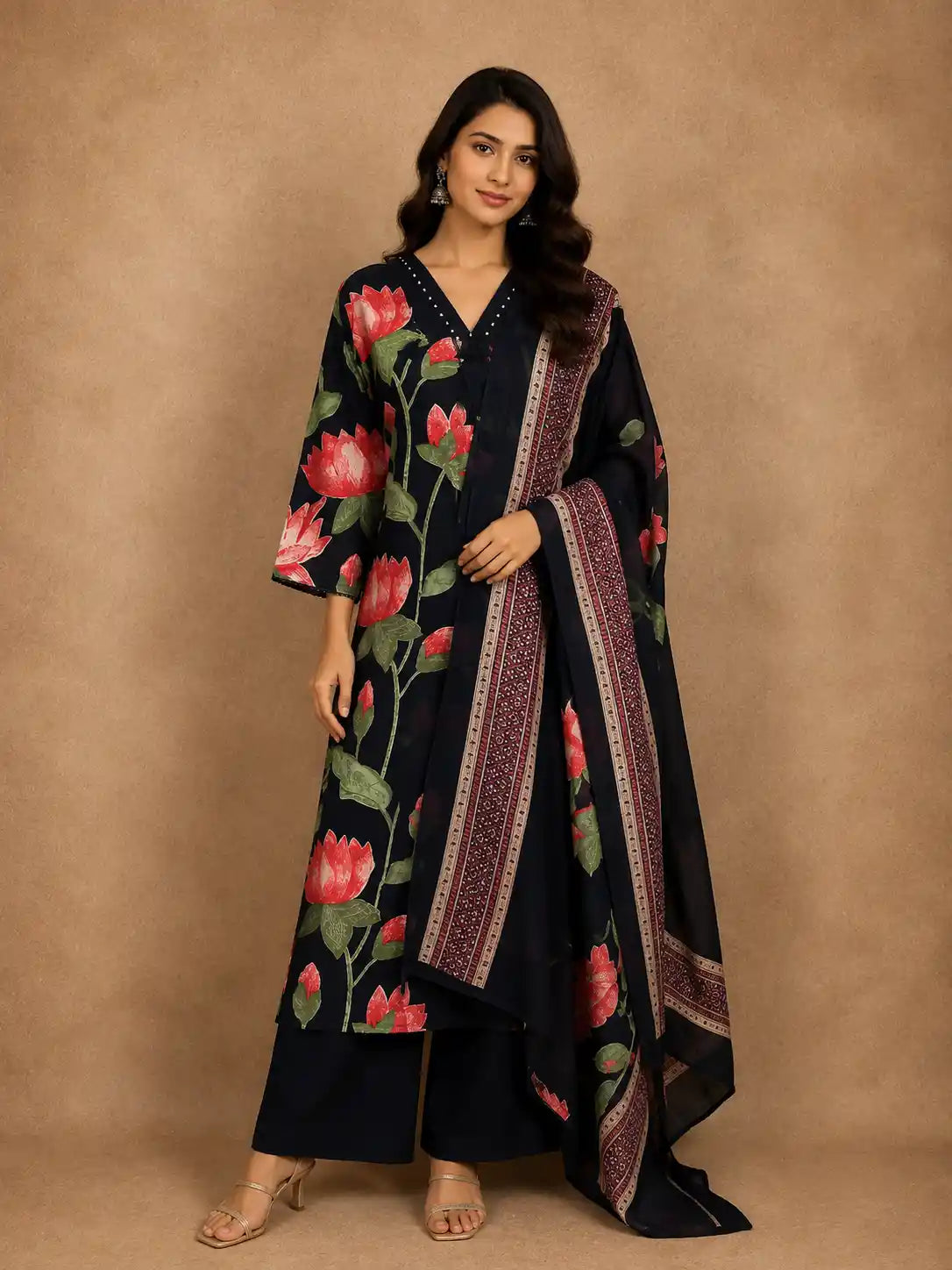Classic Black Floral Printed Design Cotton Salwar Suit with Dupatta