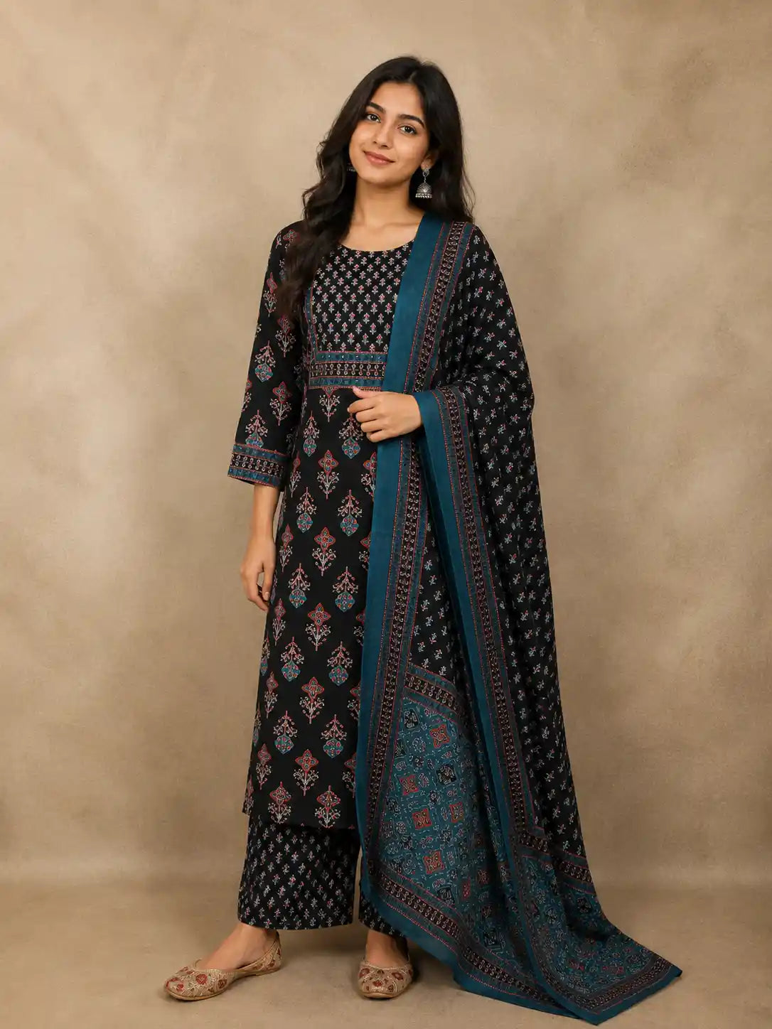 Classic Black Floral Printed Design Cotton Straight Cut Salwar Suit with Dupatta