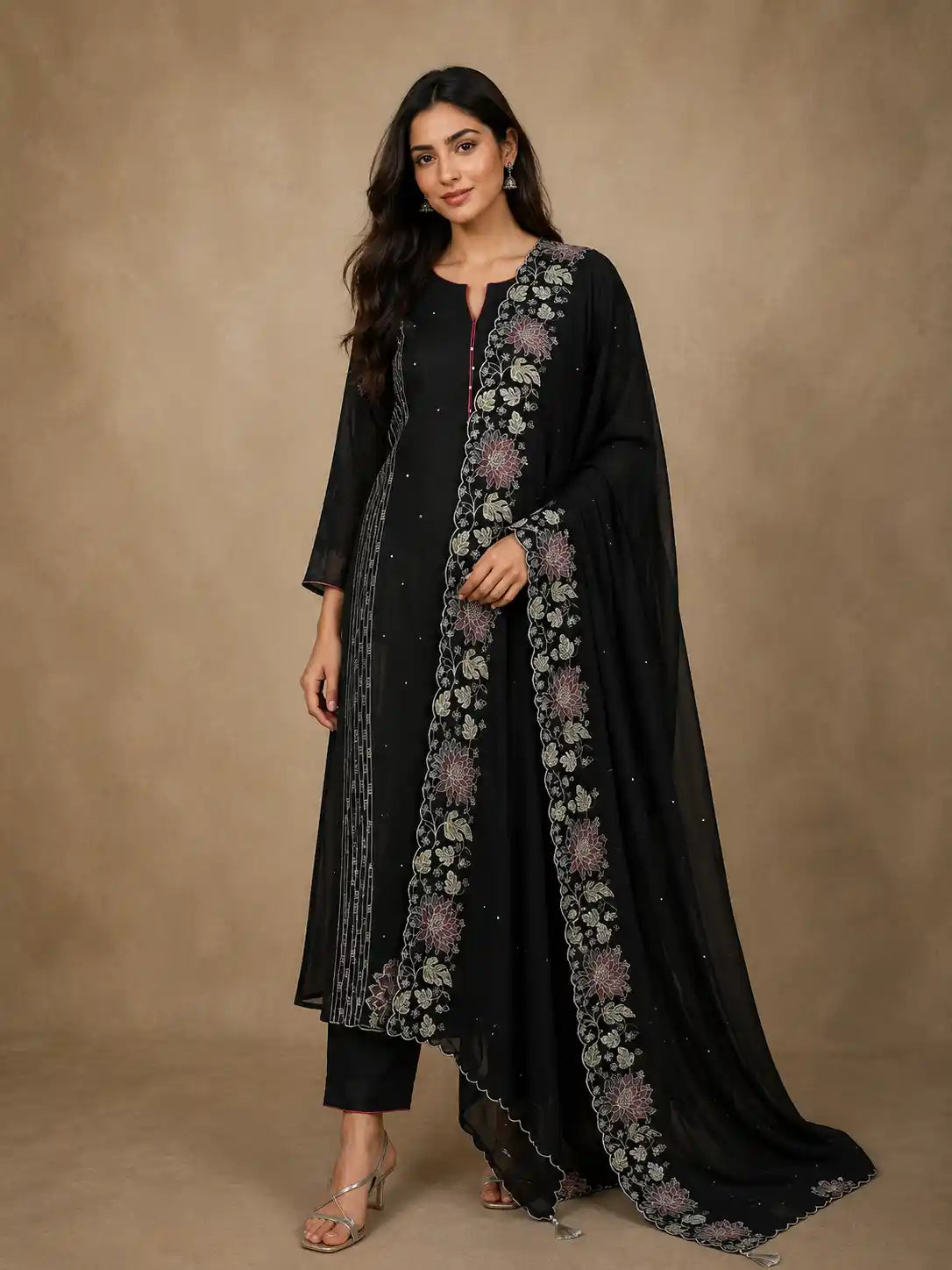 Classic Black Floral Thread Embroidered Design Cotton Unstitched Salwar Material with Dupatta
