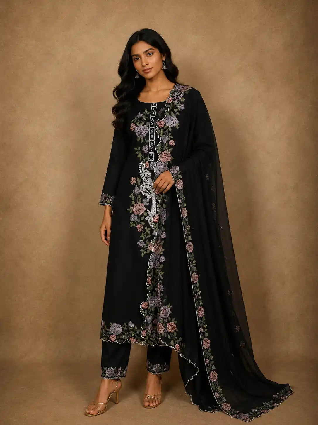 Classic Black Floral Thread Embroidered Design Cotton Unstitched Salwar Material with Dupatta