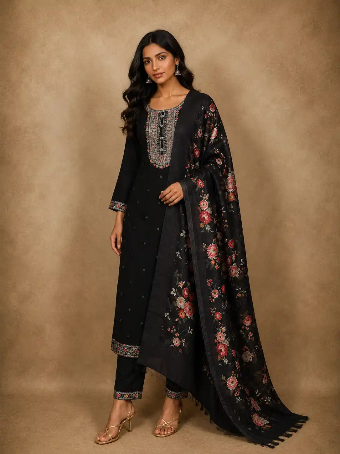 Classic Black Floral Thread Embroidered Design Georgette Salwar Suit with Dupatta