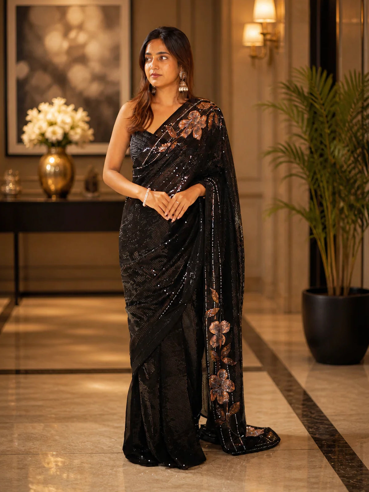 Classic Black Heavy Sequins Embroidered Design Georgette Party Wear Saree with Sequins Border