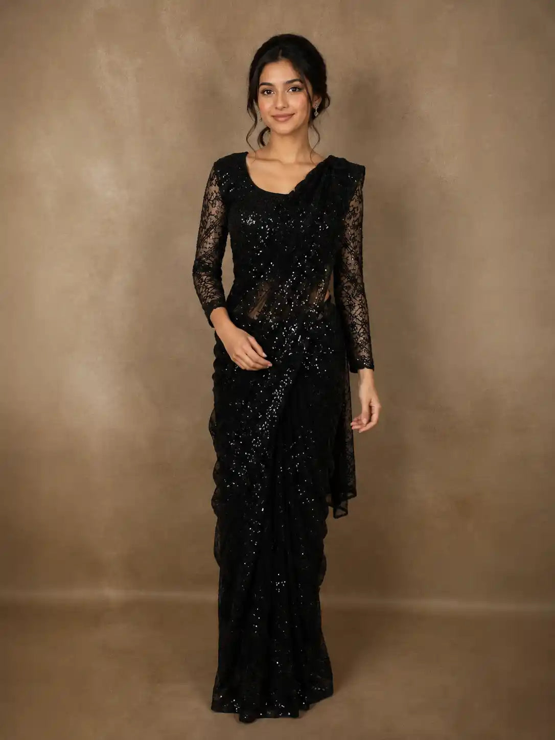 Classic Black Heavy Sequins Embroidered Design Net Designer Saree with Matching Blouse