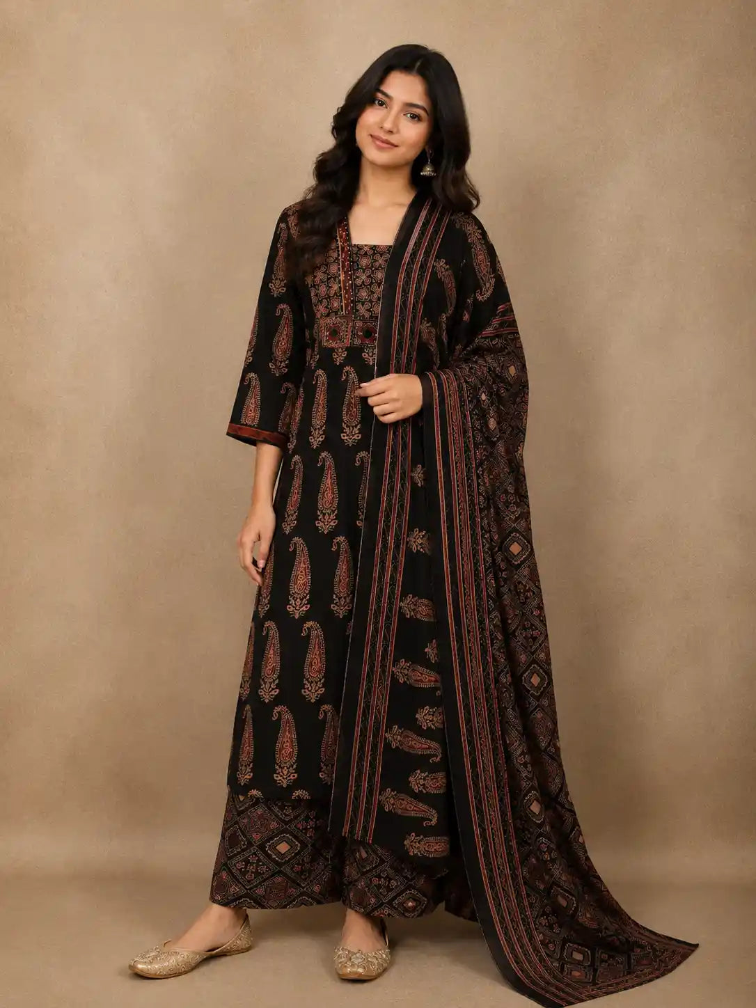 Classic Black Paisley Printed Design Cotton Straight Cut Salwar Suit with Dupatta