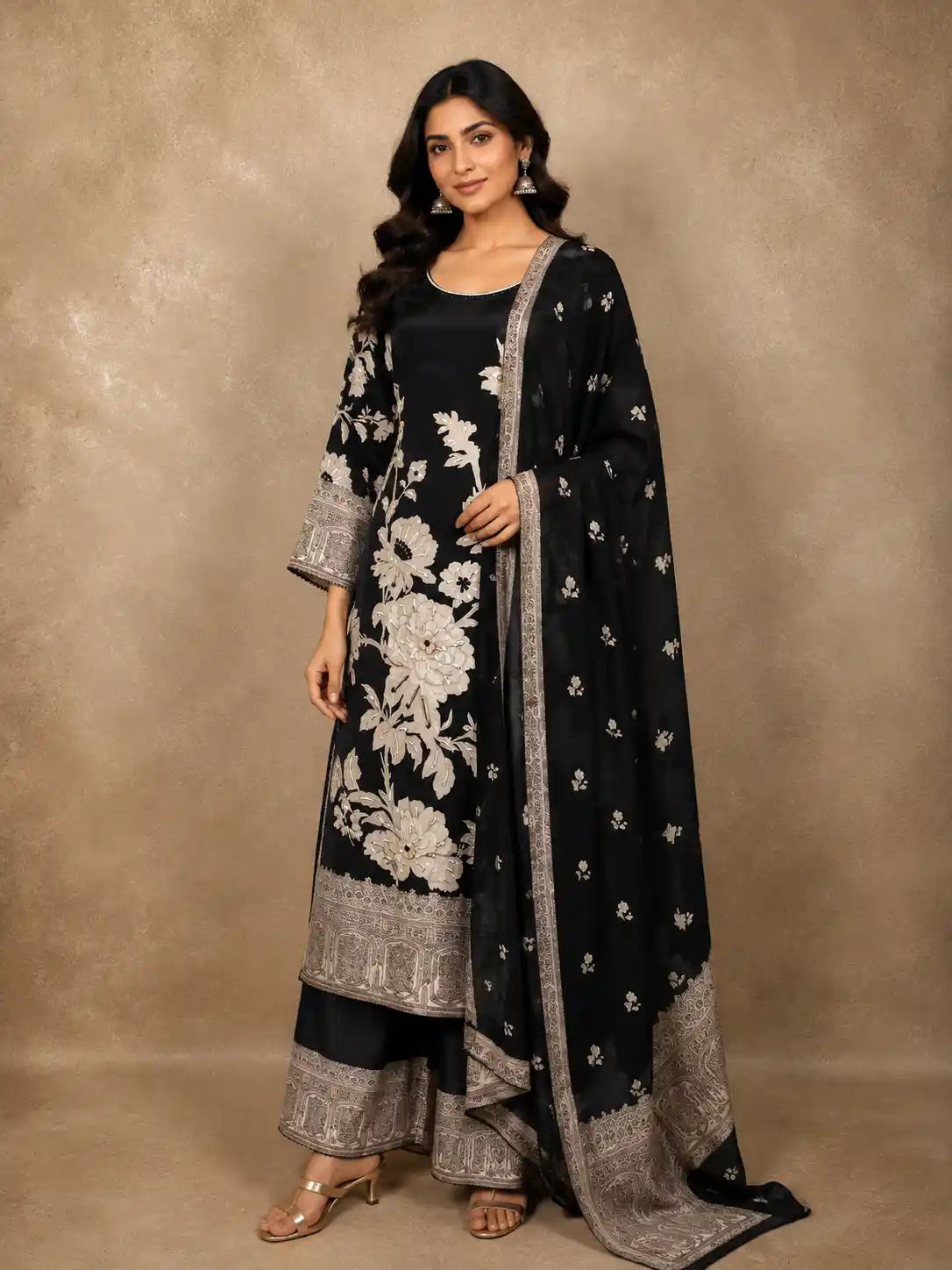 Classic Midnight Black Floral Beads Embroidered Designed Cotton Salwar Suit with Dupatta